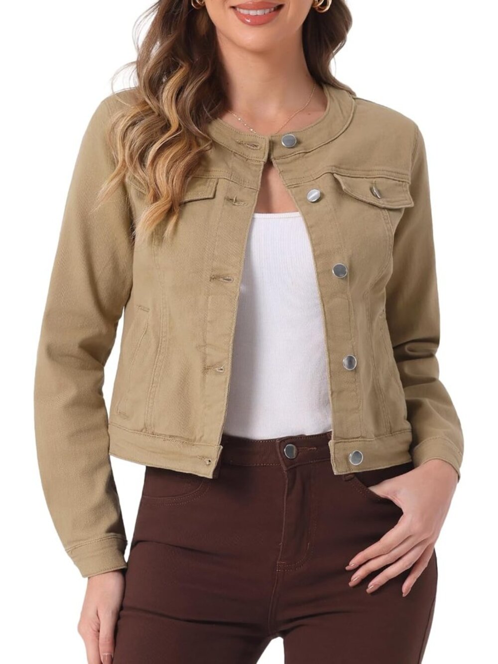 Women's Khaki Denim Jacket Collarless Round Neck Jean Long Sleeve Jackets